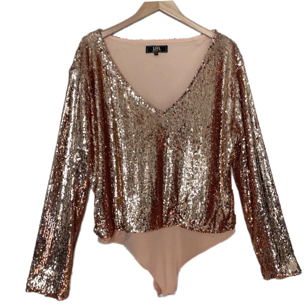 Lucky & Blessed L&B Women's Rose Sequin V Neck Long Sleeve Lined Body Suit 2X